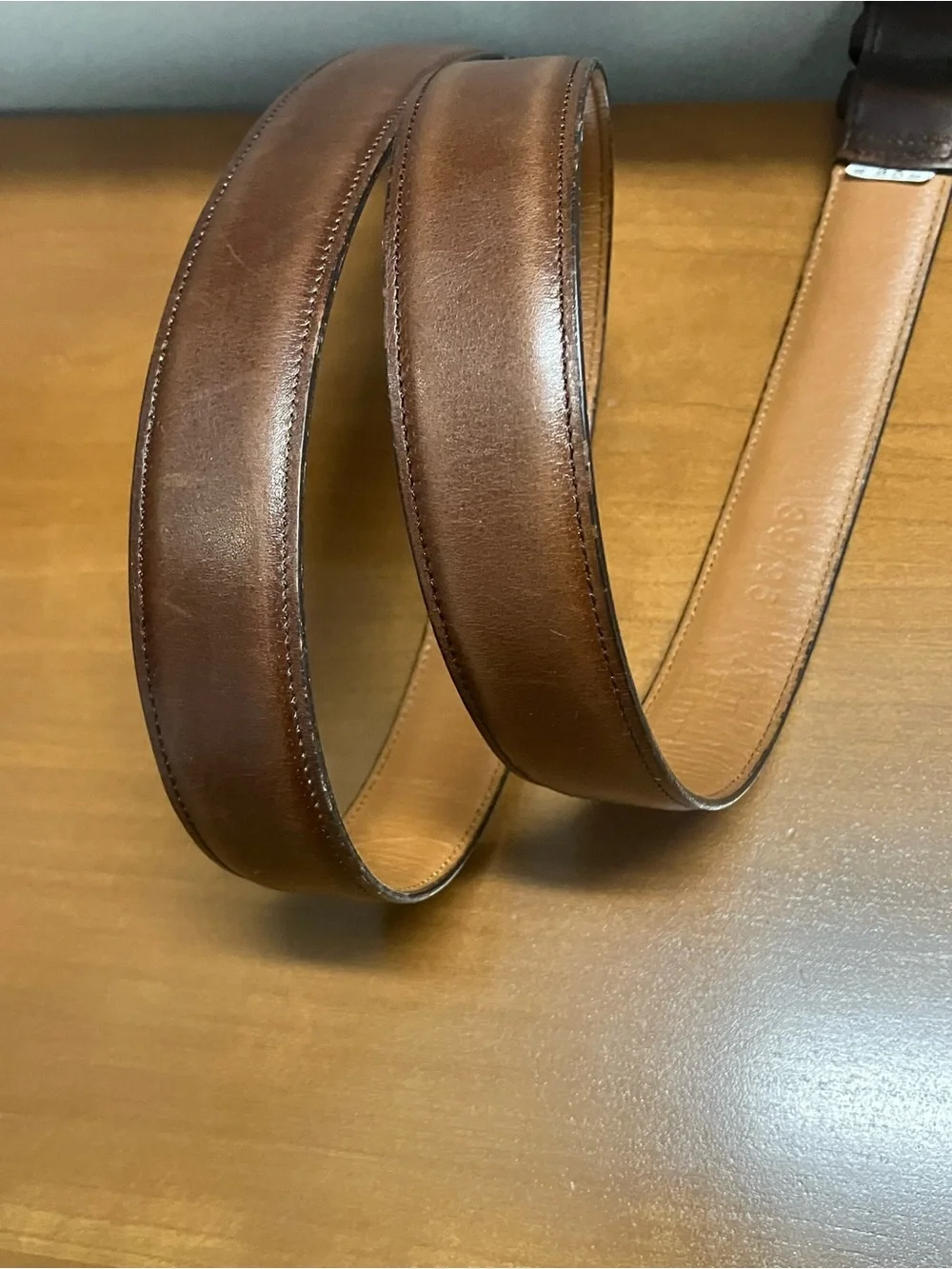 Allen Edmonds 38 burnished calf Cognac Leather Belt Brass Buckle handmade in USA